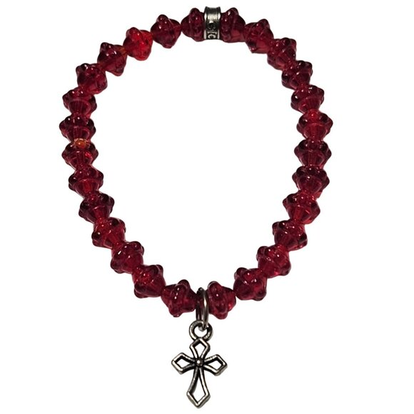 Rosary Prayer Red Beaded Silver Tone Cross Charm Bracelet Religious Jewelry - Picture 1 of 4